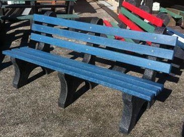 Blue bench made out of recycled plastic.
