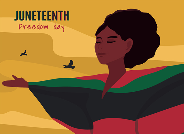 Illustration of a woman wearing colorful clothing and holding her arms up in celebration; Juneteenth, Freedom Day text