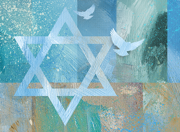 Image with six-pointed star, doves, colorful background