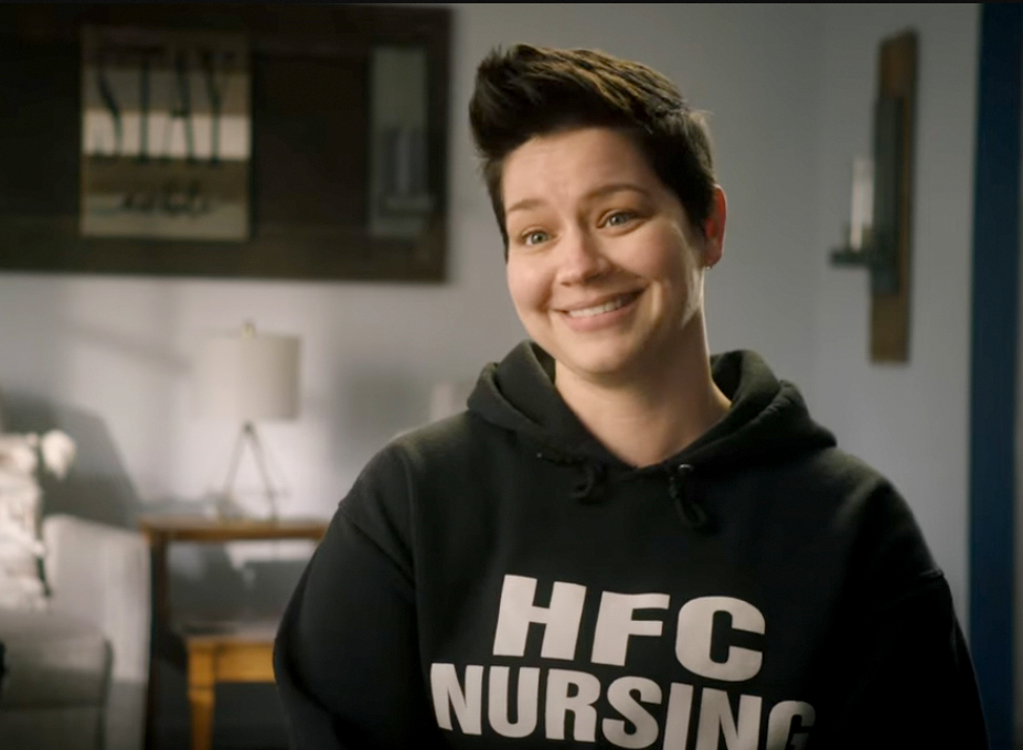 Sarah Sparks wearing an HFC Nursing hoodie