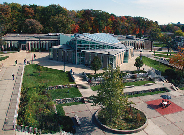 Aerial shot of Henry Ford College's student center in the fall.