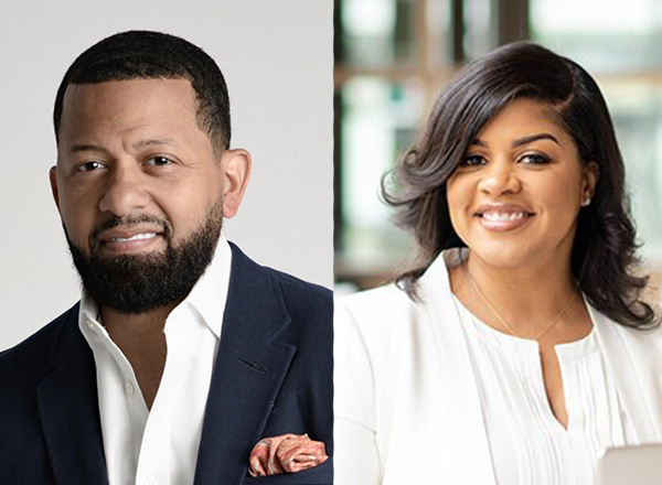 George Rice III (left) wearing a dark suit jacket with a white collared shirt and Monica Marie Jones (right) wearing a white shirt, both smiling. 