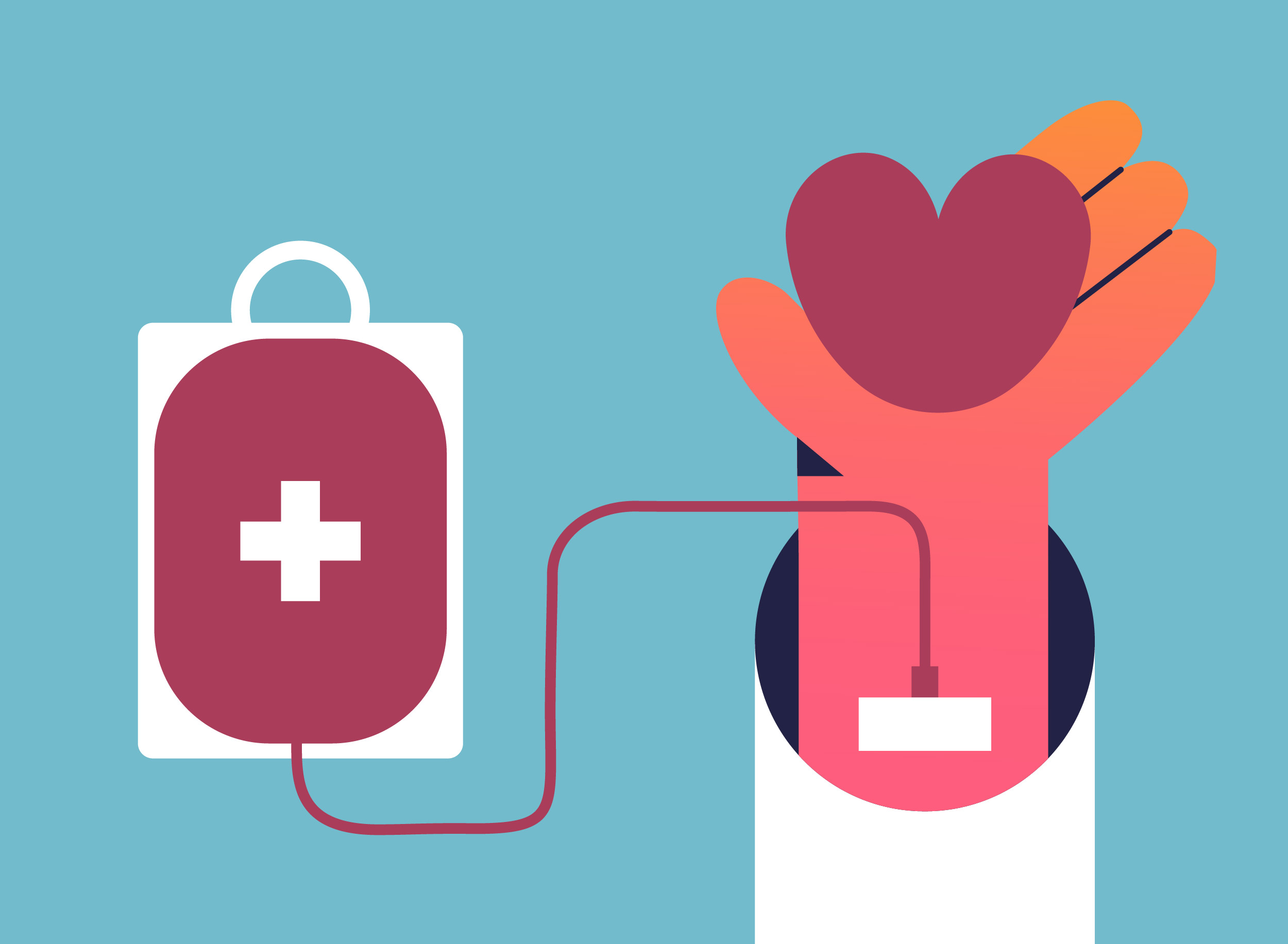 Stylized illustration of an arm holding a heart with a tube leading to a bag filled with red and a white cross.