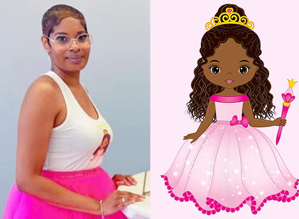 Picture left is Carmen Hayes, who has short hair, and wearing a white tank top and hot pink tutu. To the right of her picture is the illustration of her character, Princess Nellie.