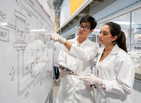 A female and male standing at a whiteboard.