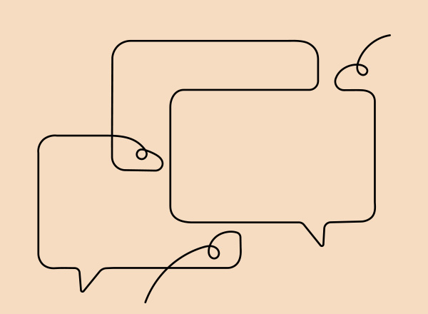 Continuous line drawing of speech bubbles connecting.