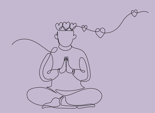 Continuous line drawing of a person in a yoga position with heart shapes floating out of the top of the head.