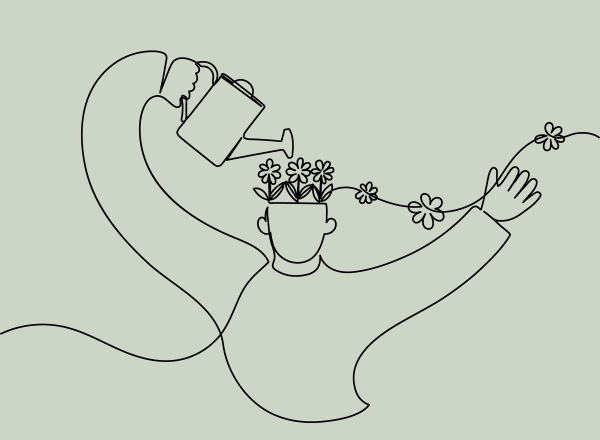 Continuous line drawing of a person holding a watering can over flowers coming out of the top of their head..