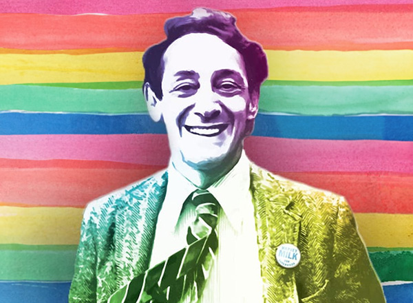 Image of Harvey Milk on top of a watercolor rainbow background.