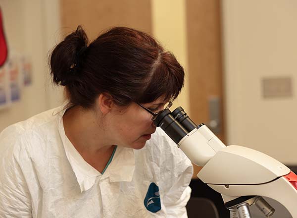 A woman sitting looking through a microscope.