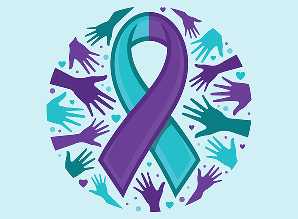 The Suicide Prevention graphic with the teal and purple ribbon and teal and purple helping hands.