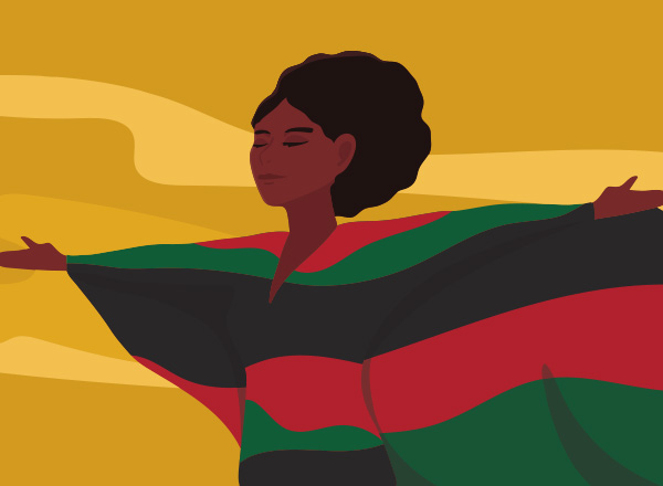 Illustration of a black woman with red, black, green flowing outfit and yellow sky.