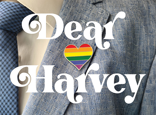 A close up of a vintage suit with an enamel rainbow heart pin with Dear Harvey title.