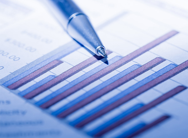 Close-up of bar chart with a pen tip over the chart.