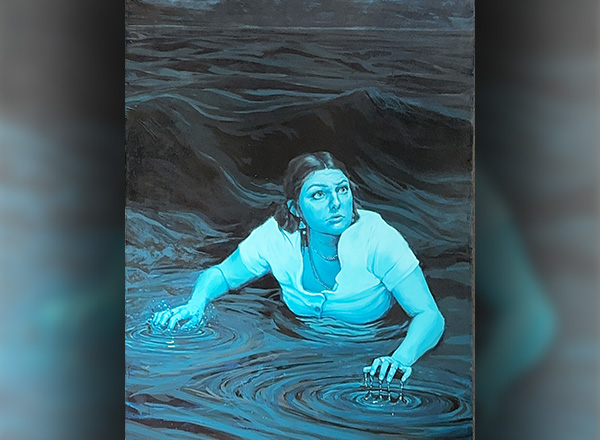 Bri Frey's painting of a blue woman in dark water.