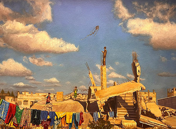 HFC student Malak Cherri's painting, "From the Rubble," which shows city ruins with laundry drying and a cloudy blue sky.