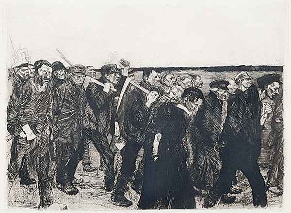 March of the Weavers is a black and white illustration of people marching.