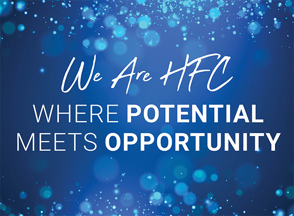 Blue bokeh background with the words "We Are HFC - Where Potential Meets Opportunity"