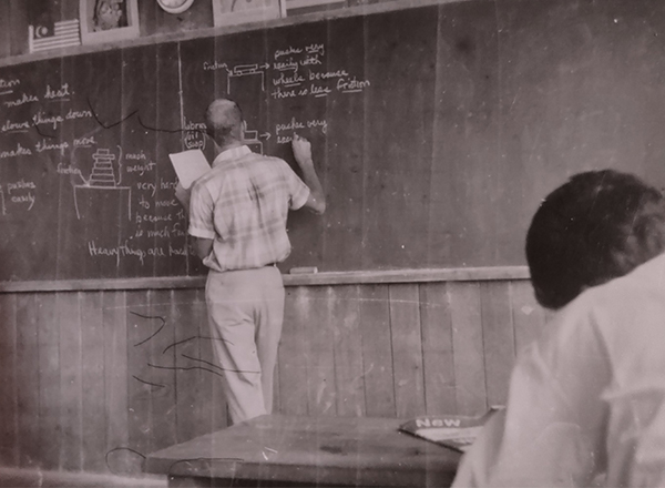 During his time in the Peace Corps from 1967-68, Ed Demerly's primary method of teaching was the blackboard since textbooks were rare. 