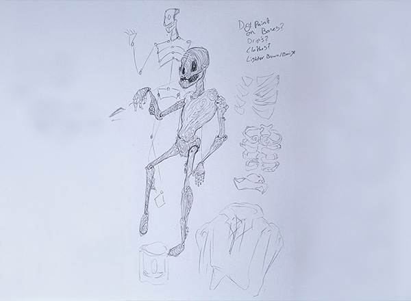 Another early sketch of the skeleton puppet for "The Passage."