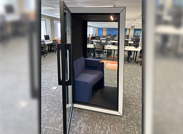 Once the door to this individual pod is shut, it is soundproof. The person inside can't hear what's going on outside and vice-versa. 